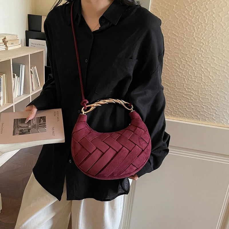 Wine Red Half Moon Bag Fashion Clutch Bag For Women 2026 New Designer Woven Handbag Small Semicircle Saddle Crossbody Bag bolsas