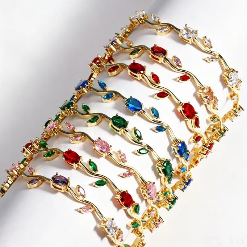 LATS Colorful Trendy Charm Sparkling Leaf Cubic Zirconia Bracelets for Women Party Wedding Fashion Jewelry Gift
