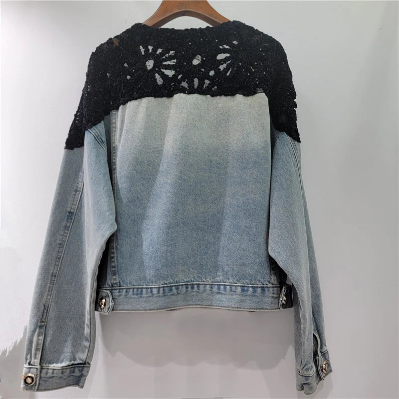 DEAT Women's Denim Jackets V-neck Patchwork Sequins Long Sleeve Perspective Shoulder Coats Summer 2026 New Fashion 29A968