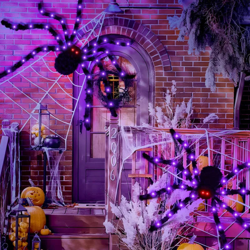250/455 LED 8 Modes Halloween Spider Web Lights with 150/200/500cm Scary Spider Waterproof Spider Net Party Decoration