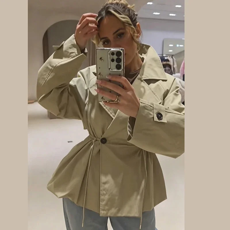 Simple Commute Lady Trench Coat Collar Tie Waist Cinched Button Patchwork Jacket 2026 Fall Chic Korean Office Daily Outerwear
