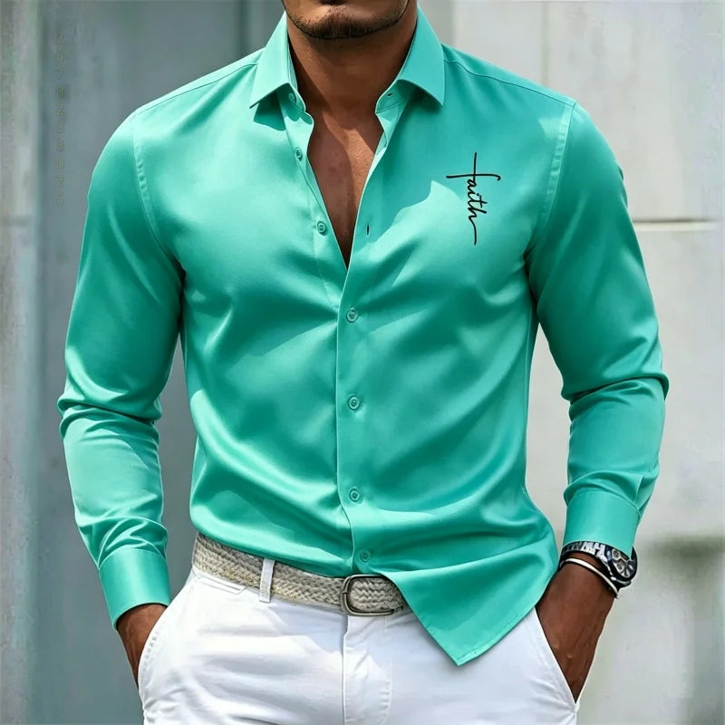 2026 new men's shirt solid color long sleeved shirt slim fit no iron business casual formal wear personalized letter printed top