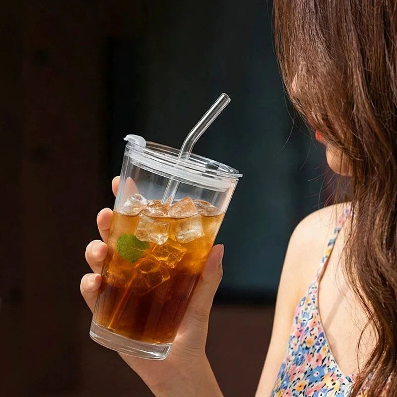 500ml Thickened Glass Cup with Straw & Sealed Lid Reusable Tumbler for Office Iced Beverage Mug  Home Juice Coffee Milk Tea Cup