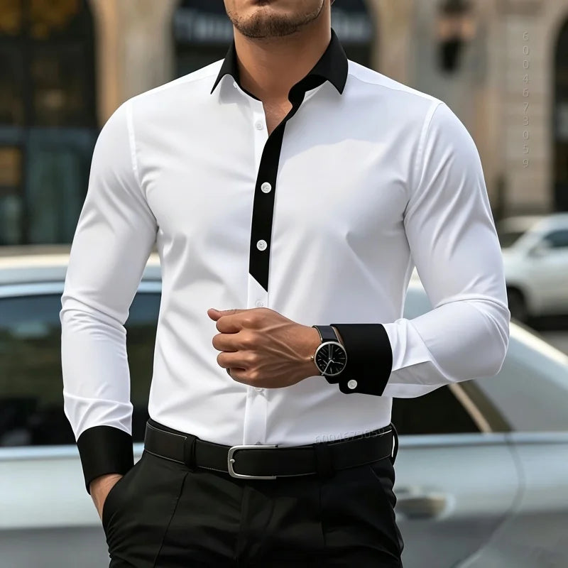 2026 New Men's Contrasting Striped Shirt Street Style Black and White Striped Slim Fit Shirt Business Casual Formal Shirt XS-6XL