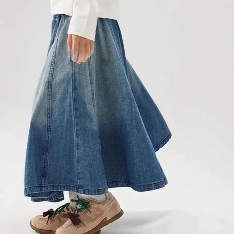 Classic Kids Designer Elastic Waist Long Denim Skirt for Teens Girl Vintage Blue Summer Streetwear Skirt Child Casual Outfit