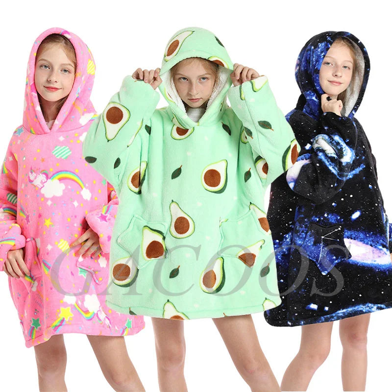 Kids Oversized Hoodie Blanket With Sleeve Boy Girl Sweatshirt Winter Fleece Hoody Avocado Rainbow Dinosaur Print Hooded Sweat