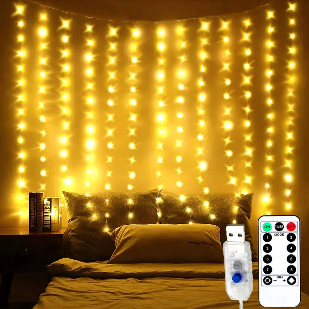 Wedding Garland Fairy Lights Outdoor 8 Mode LED USB Curtain Light String Christmas Tree Holiday Decoration Garden Light