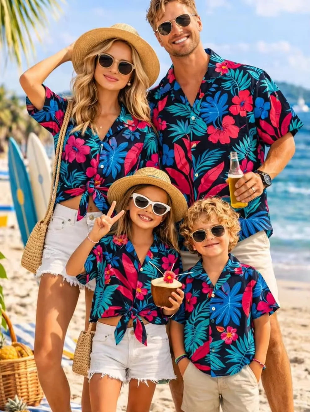 Hawaiian Children's Shirt Plant Flower Pattern Print Family Dress Blue Green Vacation Beach Parent Child Shirt Men's Sports Top