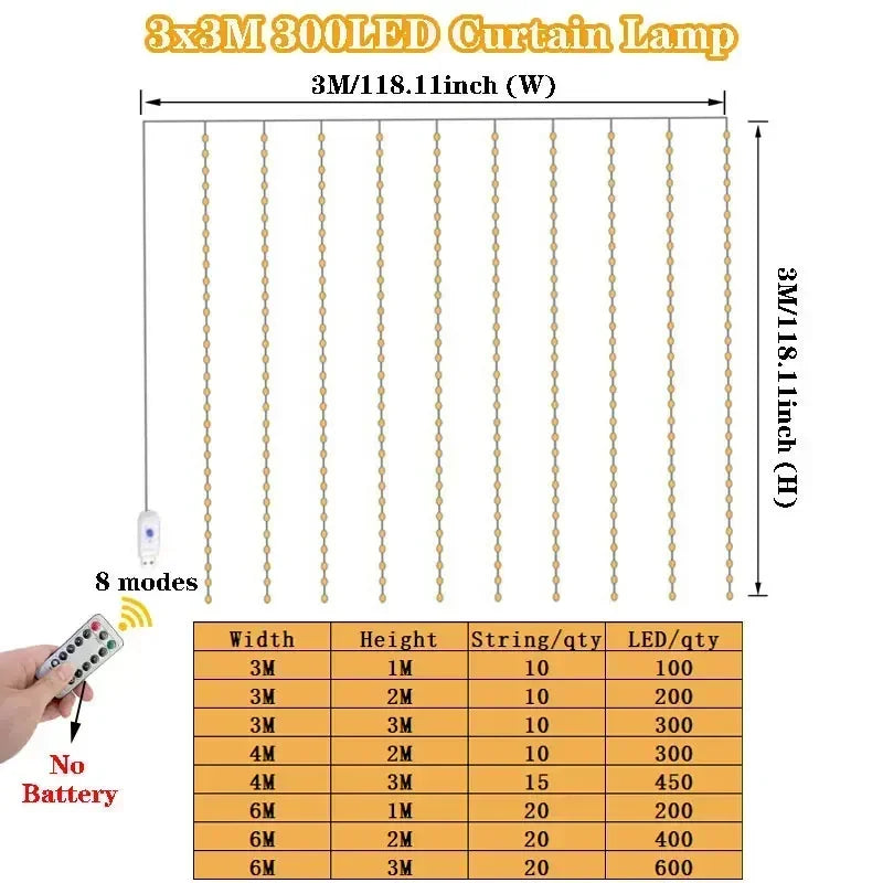 Wedding Outdoor USB Plug-in Festoon Curtain LED String Lights Remote 8 Modes EID Mubarak Bedroom Ramadan Home Decoration 3/4/6m