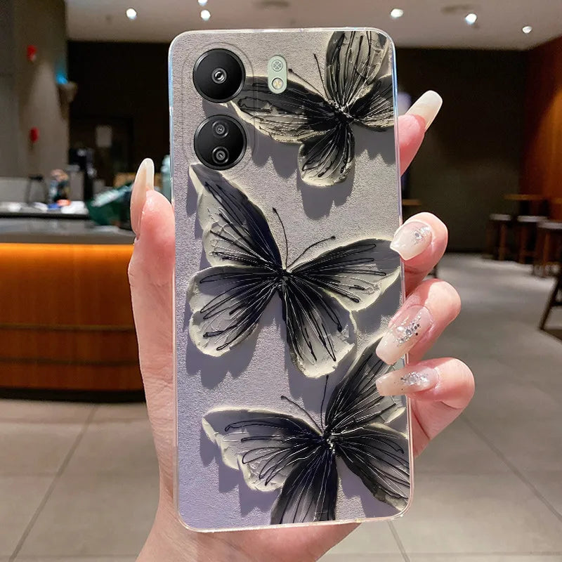 Case For Xiaomi Redmi 13C Poco C65 4G Capa Flower Butterfly Phone Casing Redmi13C Poco M6 5G Soft Silicone Transparent TPU Cover