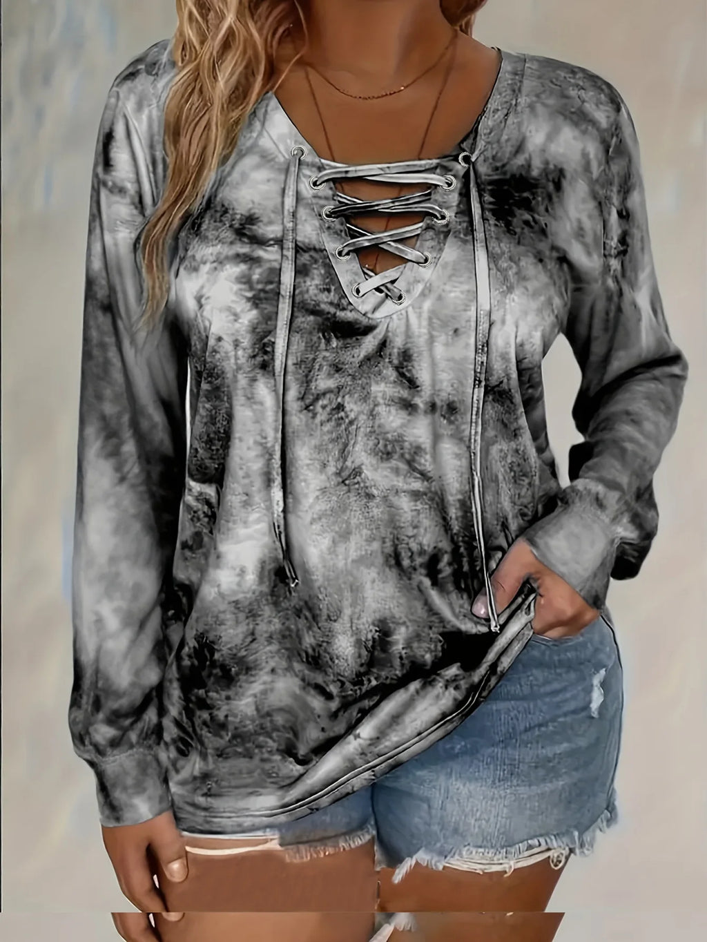 plus size women's tie dye printed long sleeved T-shirt made of polyester knitted fabric elegant lace up casual and comfortable