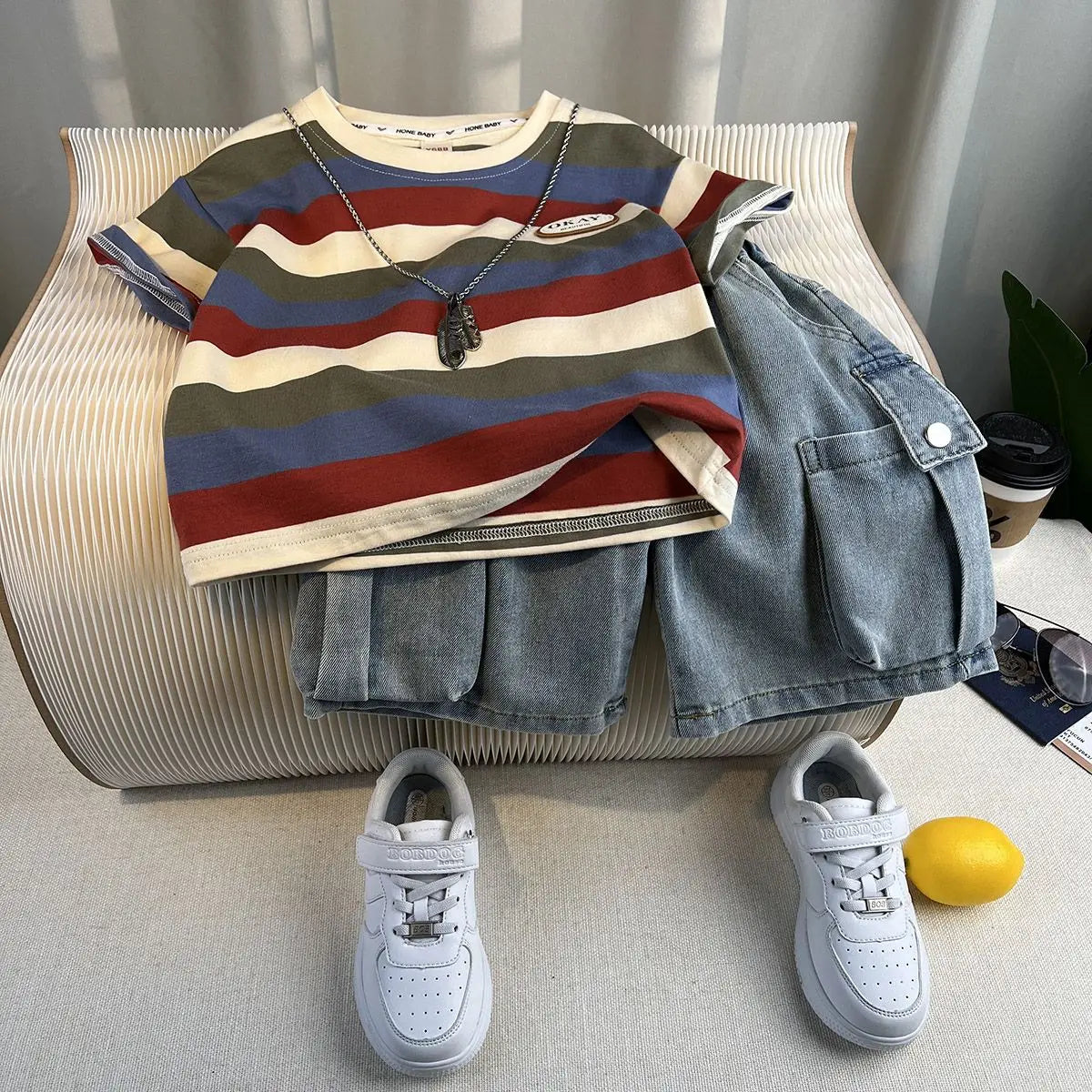 Korean Boys Summer Children's Top and Bottom 2PC Sets Short Sleeve T-Shirt & Denim Shorts Kids Clothes 1-7 Years Black Toddler