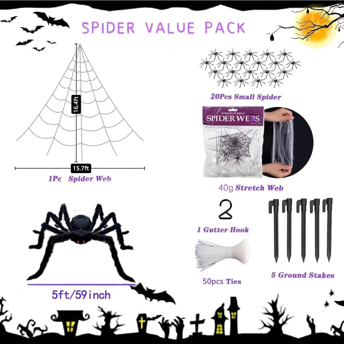 1pc Halloween Giant Spider Web Light With Big Spider Purple LED Battery Powered For Indoor Outdoor Yard Porch Garderd Home Decor
