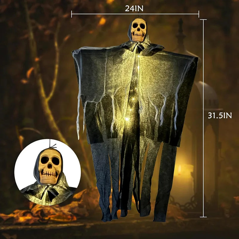 Halloween Skull & Ghost Hanging Decoration Set, LED Glowing Ornament for Outdoor Yard Garden Home Holiday Party Atmosphere Props