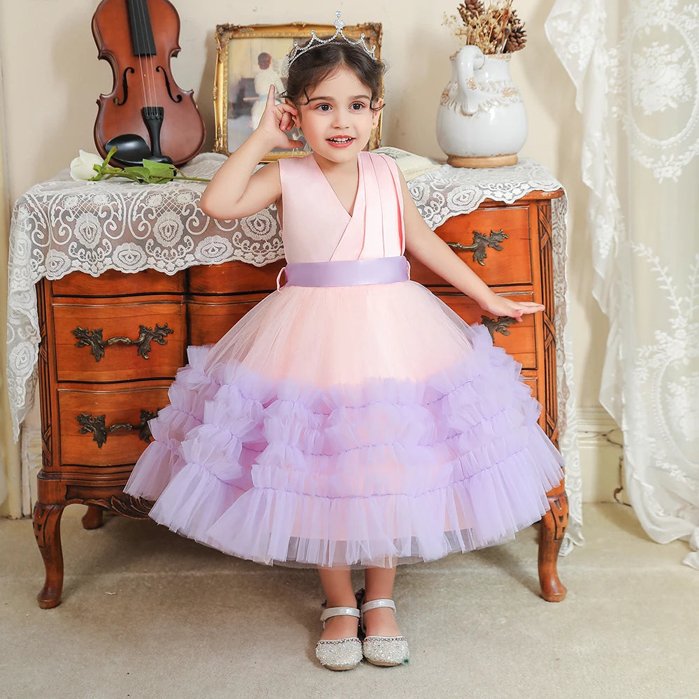 Elegant Bow Bridesmaids Girl Party Dresses Christmas Costumes Tulle Birthday Princess Prom Dress for Girls Wedding Evening Gown