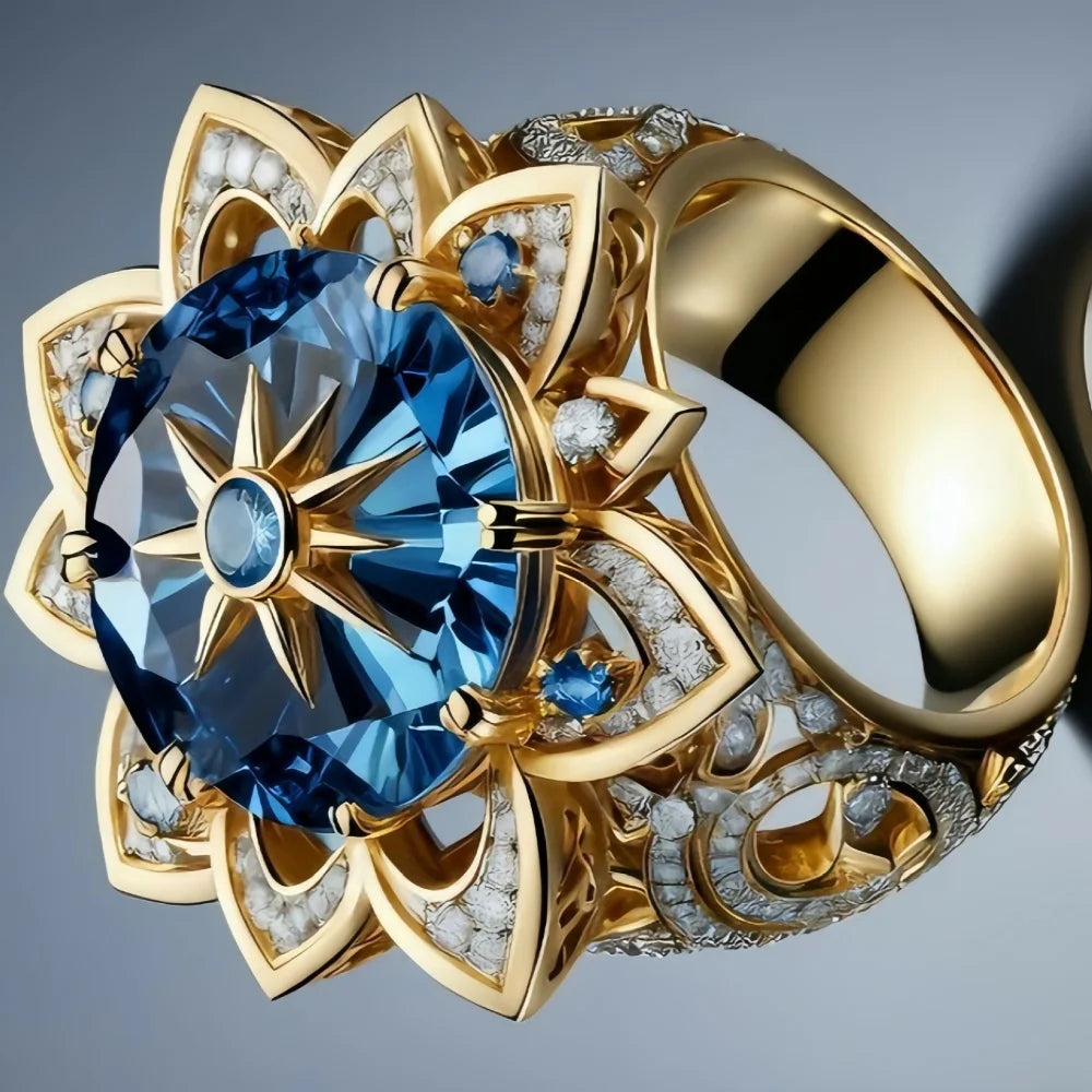 Luxury Female Blue Zircon Big Stone Engagement Round Sun Flower Ring Vintage Gold Color Wedding Fashion Jewelry For Women