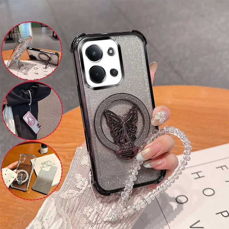 Shockproof Anti-drop Phone Case For Redmi 15C 171mm 173mm Poco C85 15R Glitter Butterfly Stand With Crystal Lanyard Back Cover