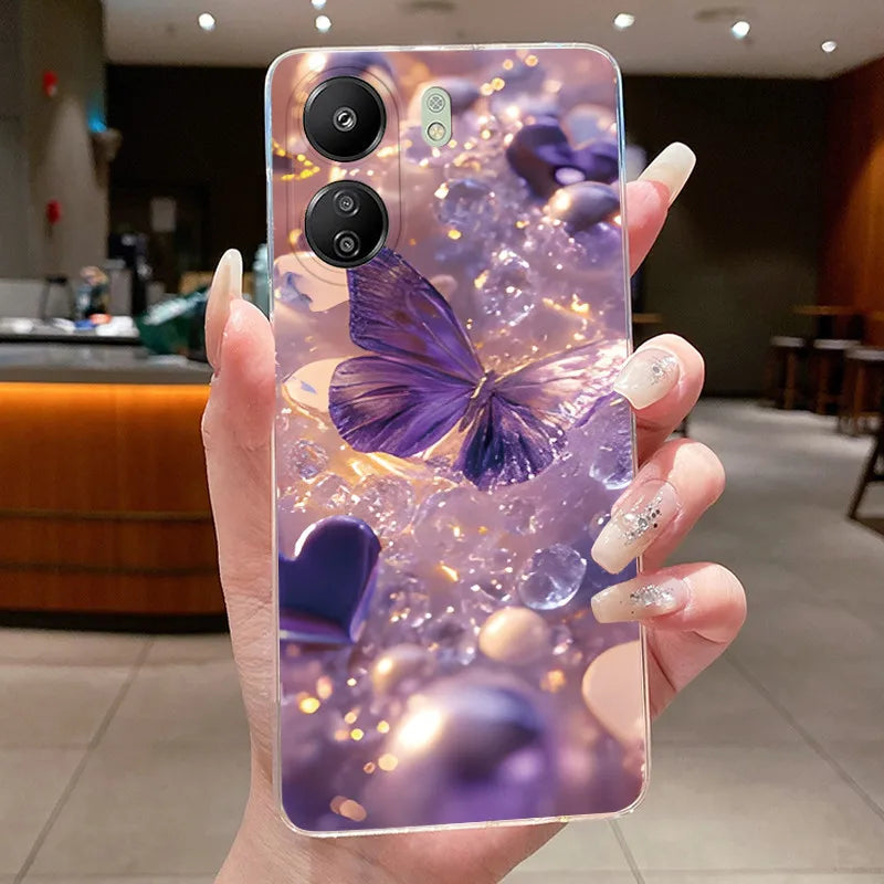 Case For Xiaomi Redmi 13C Poco C65 4G Capa Flower Butterfly Phone Casing Redmi13C Poco M6 5G Soft Silicone Transparent TPU Cover