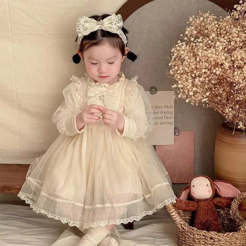 Girls Spring Autumn Winter New Baby First Birthday Mesh Long Sleeve Bow Lace Princess Dress