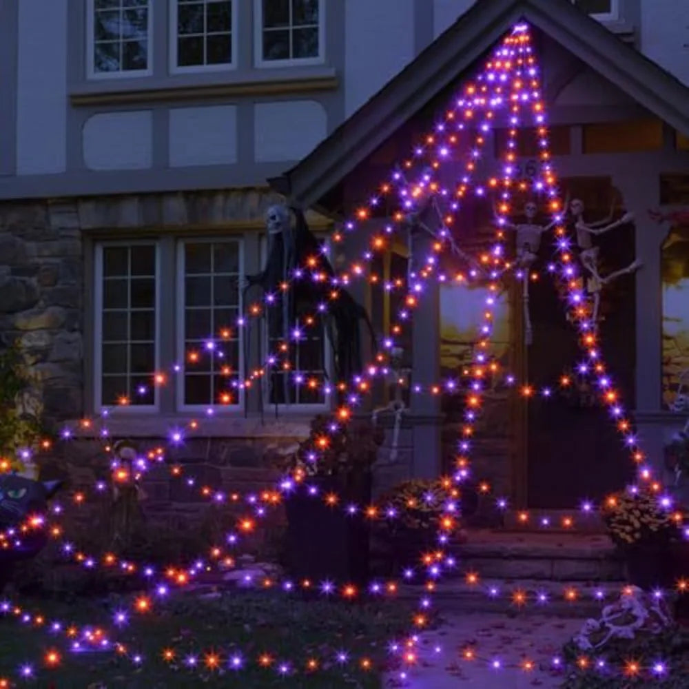 8 Modes Halloween Spider Web Lights Waterproof Glow LED Spider Net Hanging 250 LEDs Luminous Halloween Spider Haunted House