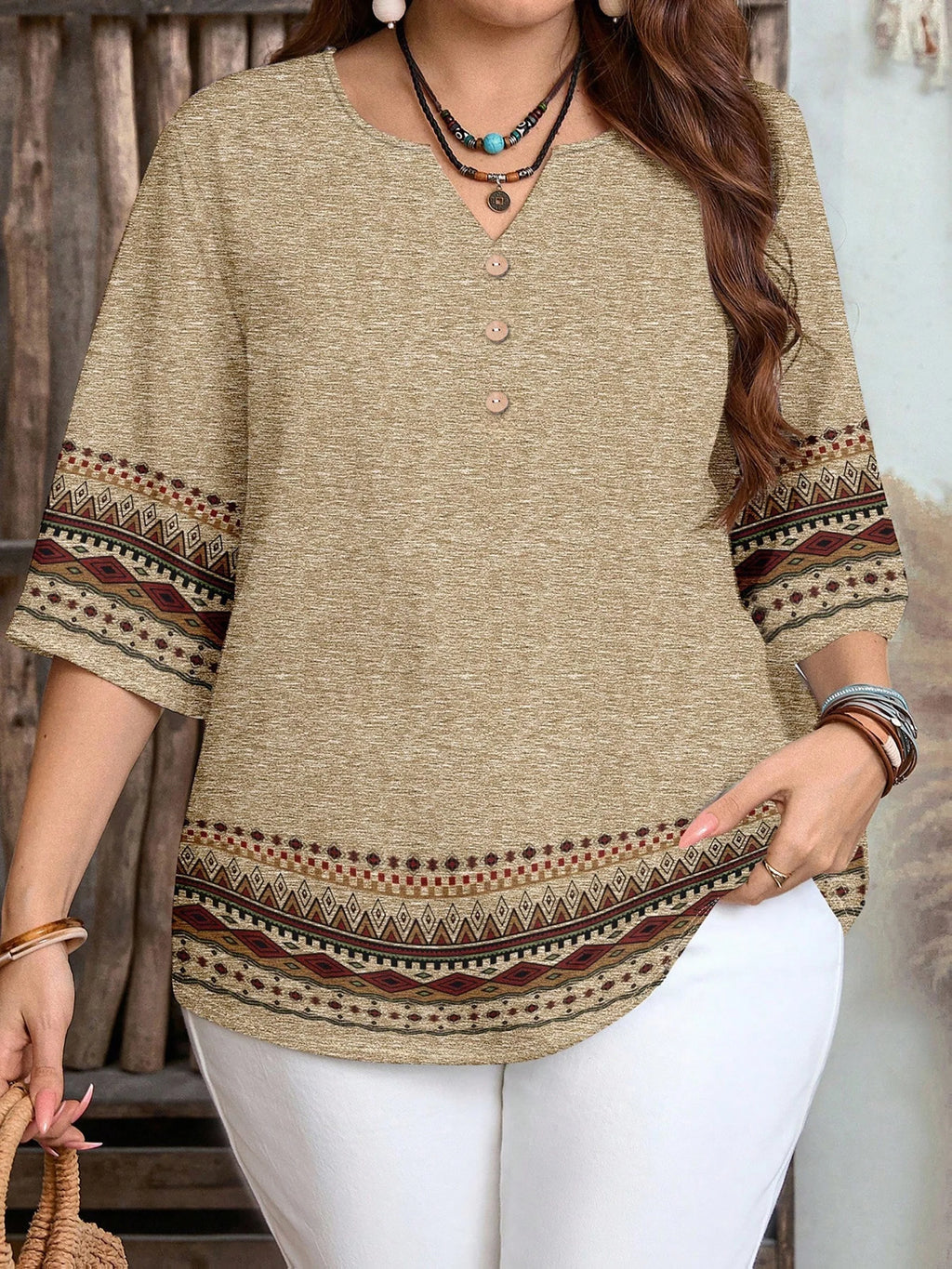 Plus Size Women's Casual Boho Tribal Print 3/4 Sleeve Tunic Top with Button Accent