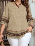Plus Size Women's Casual Boho Tribal Print 3/4 Sleeve Tunic Top with Button Accent
