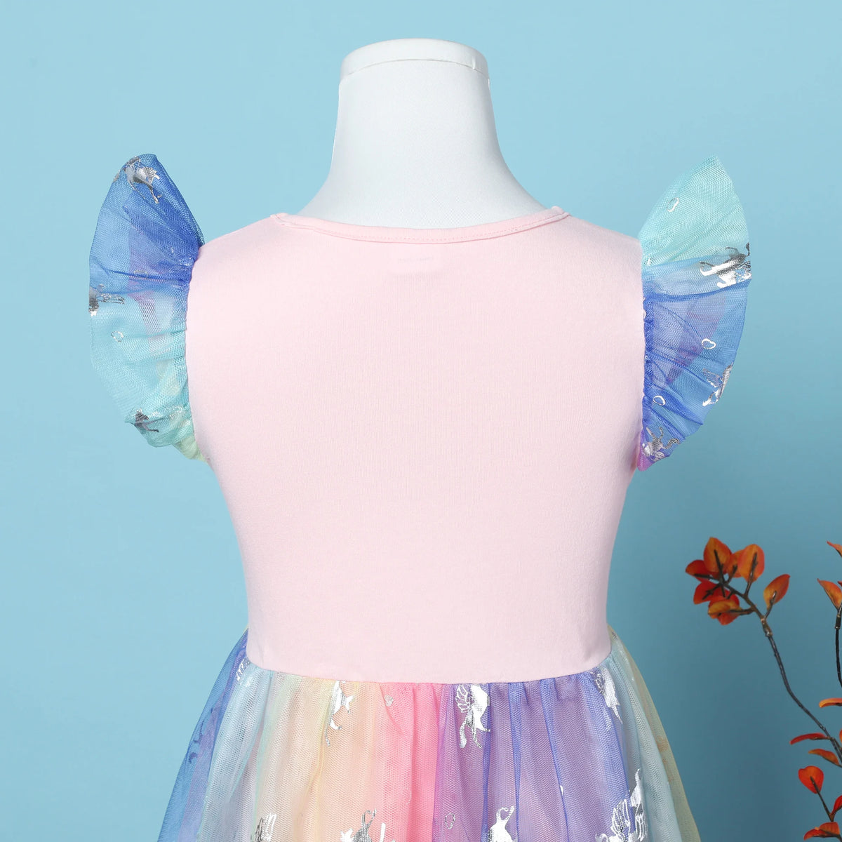 Girl's Summer Cartoon Unicorn Print Rainbow Mesh Splice Princess Birthday Party Sleeveless Dress SH1791