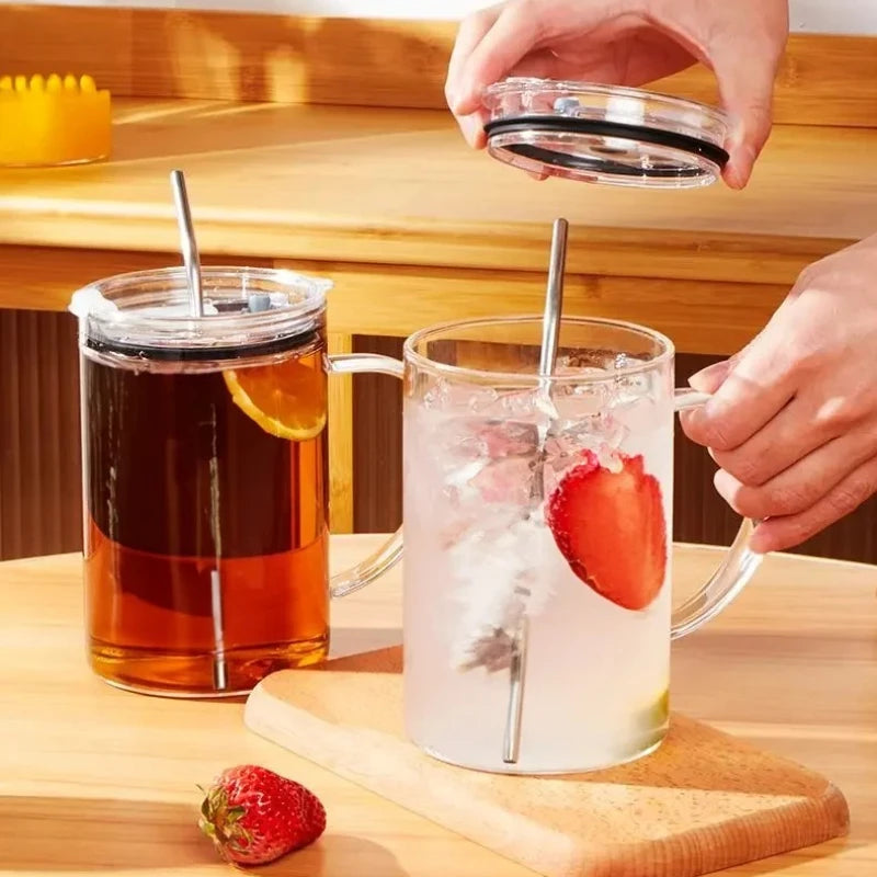 1000ml Large Capacity Glass Tumbler with Lid & Straw - Graduated Markings, Leakproof Design for Iced Coffee & Cold Beverages