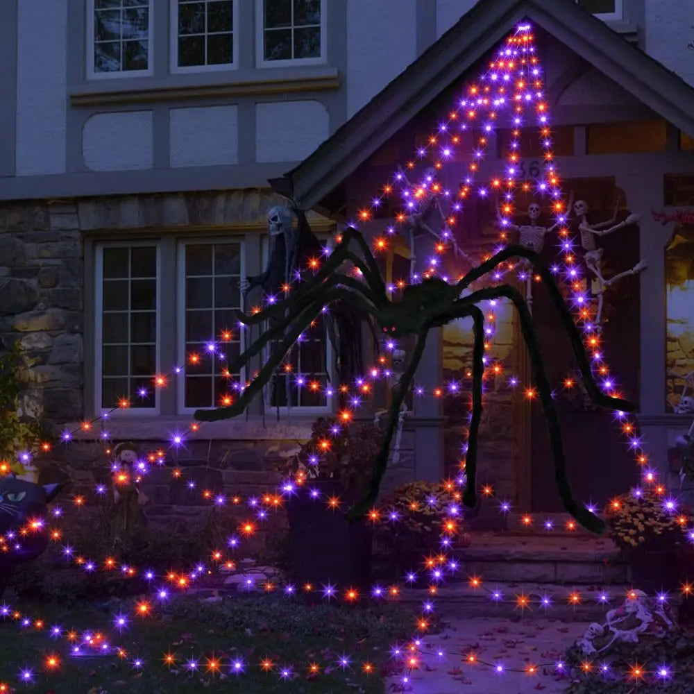 8 Modes Halloween Spider Web Lights Waterproof Glow LED Spider Net Hanging 250 LEDs Luminous Halloween Spider Haunted House