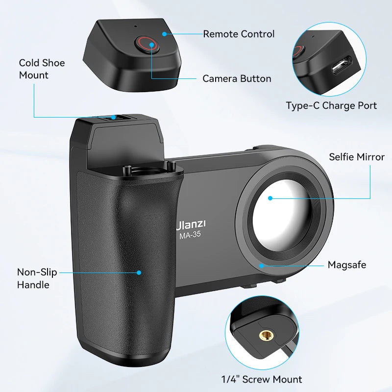 Ulanzi MA35 Selfie HandGrip Booster Bluetooth Shutter for iPhone 17 16 15 Android Photo Stabilizer Cold Shoe 1/4' Screw Mount