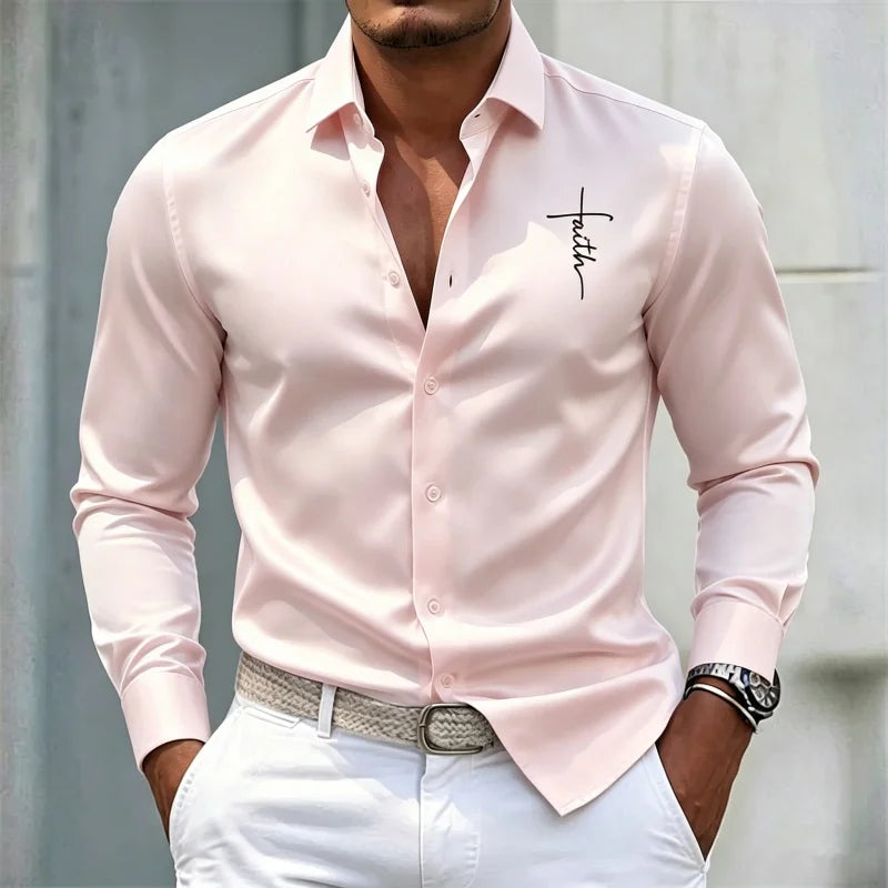 2026 new men's shirt solid color long sleeved shirt slim fit no iron business casual formal wear personalized letter printed top