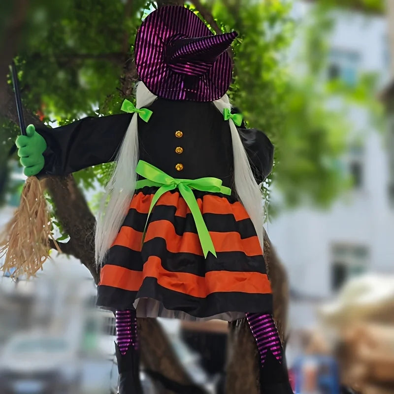 Orange haired white haired tree climbing witch broom tree witch party decoration tree collision props outdoor hanging decoration