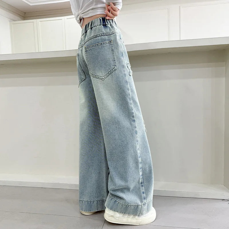 American Retro Kids Baggy Jeans with Bows For Girls Fashion Stretch Elastic Waist Denim Pants Child Wide Leg Jeans Trousers 5-14