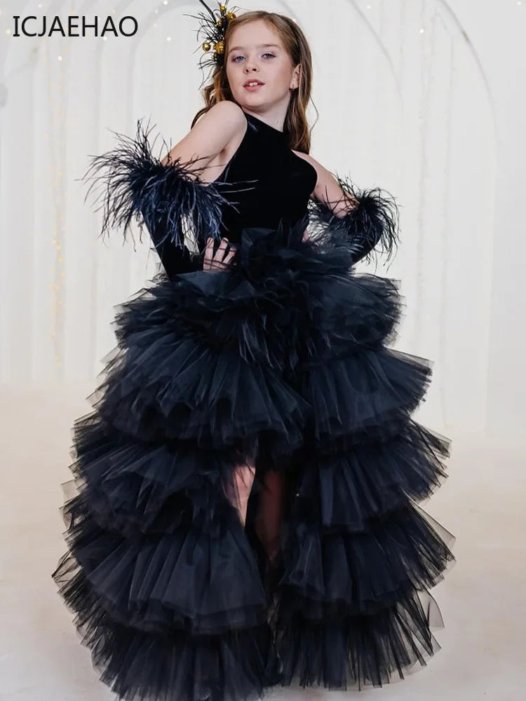 Black halter train multi-layered tulle dress No gloves girls dress for girls Kid costumes Princess Shaggy  dress Summer