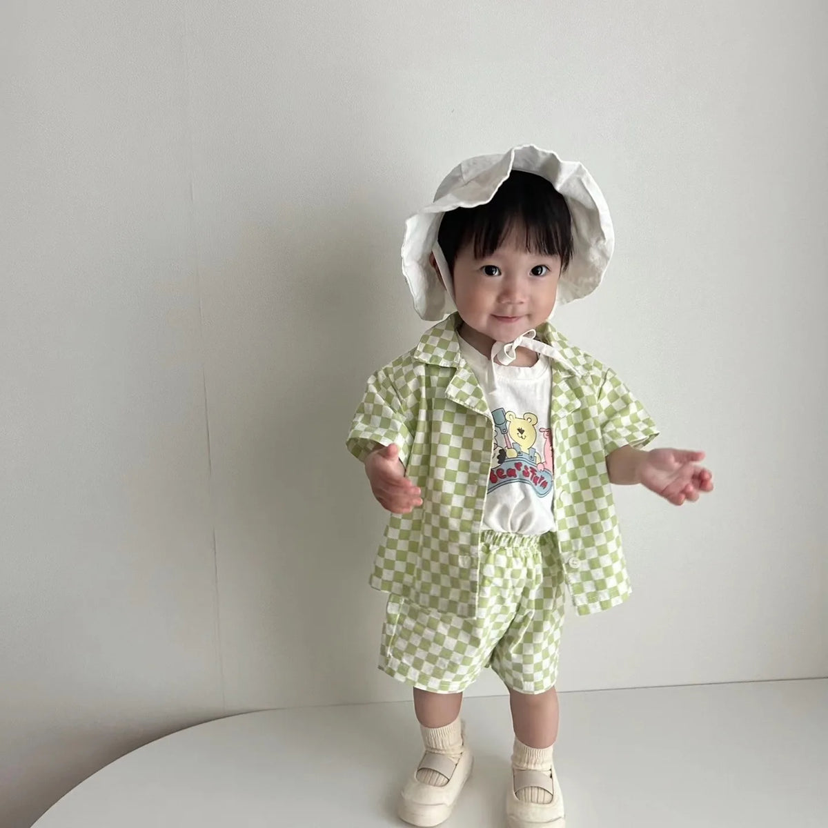 2025 Korean Summer Toddler Boy Clothes Set Cotton Solid Turn-down Collar Shirt Suit Plaid Elastic Waist Shorts Infant Boy Outfit