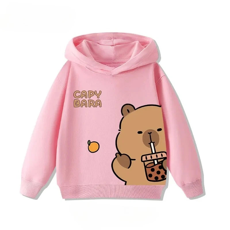 Autumn Winter Cartoon Cute Capybara Print Children's Hooded Hoodies Casual Fashionable Comfortable Boy Girl Sweatshirt Pullover