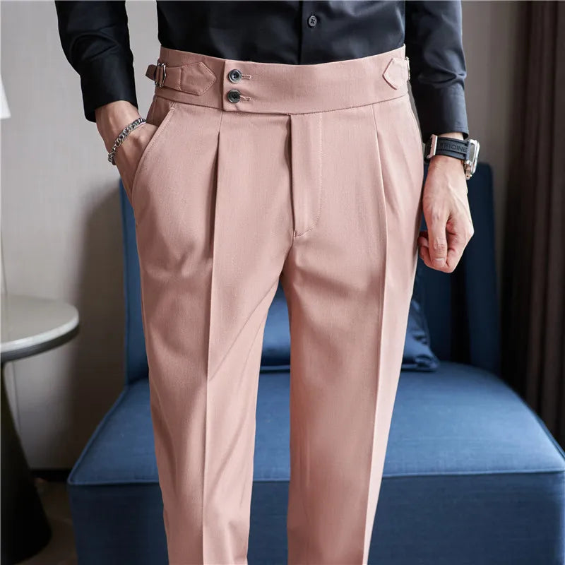 2026 Spring Autumn Men High Waist Belt Design Casual Slim Formal Dress Pant Men Social Office Wedding Party Dress Suit Pants