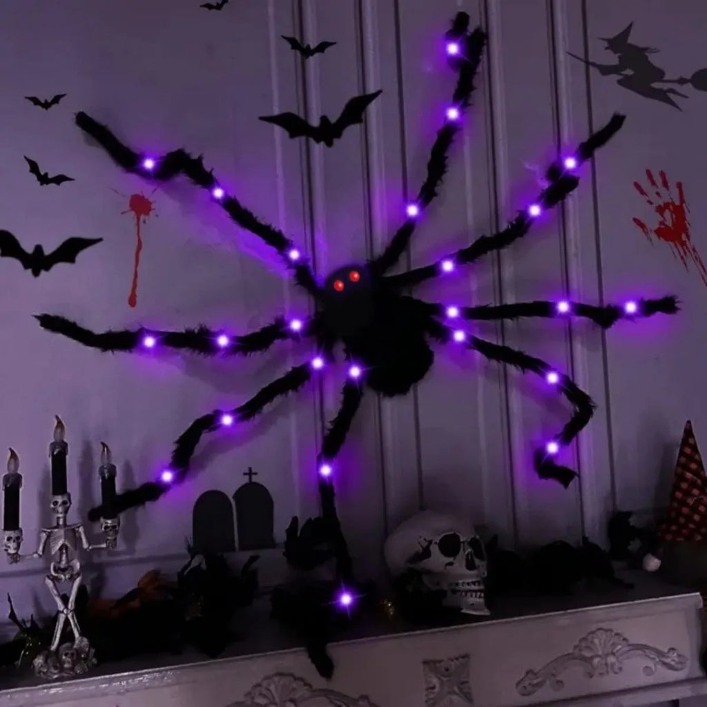 1pc Halloween Giant Light Up Fuzzy Black Spider Purple LED Battery Powered 8 Modes Spider Lights For Indoor Outdoor Porch Decor