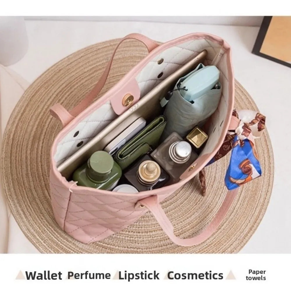 Simple Large Capacity Embroidery Bag with Scarf PU Shoulder Bags Tote Bag Bucket Bag For Women