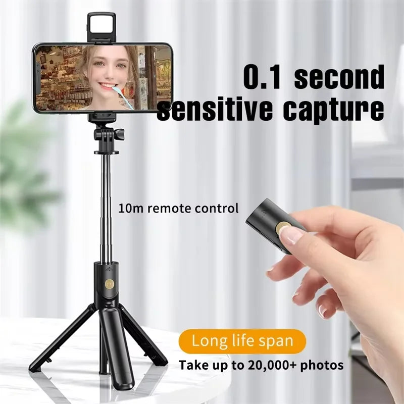 Wireless Selfie Stick with Tripod and Light, Bluetooth Remote Control, Extendable Tripod for iPhone and Mobile Phones, Ideal for