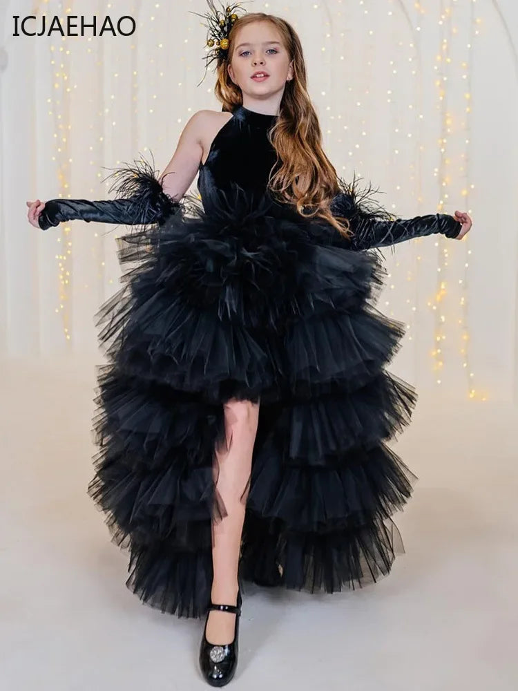 Black halter train multi-layered tulle dress No gloves girls dress for girls Kid costumes Princess Shaggy  dress Summer