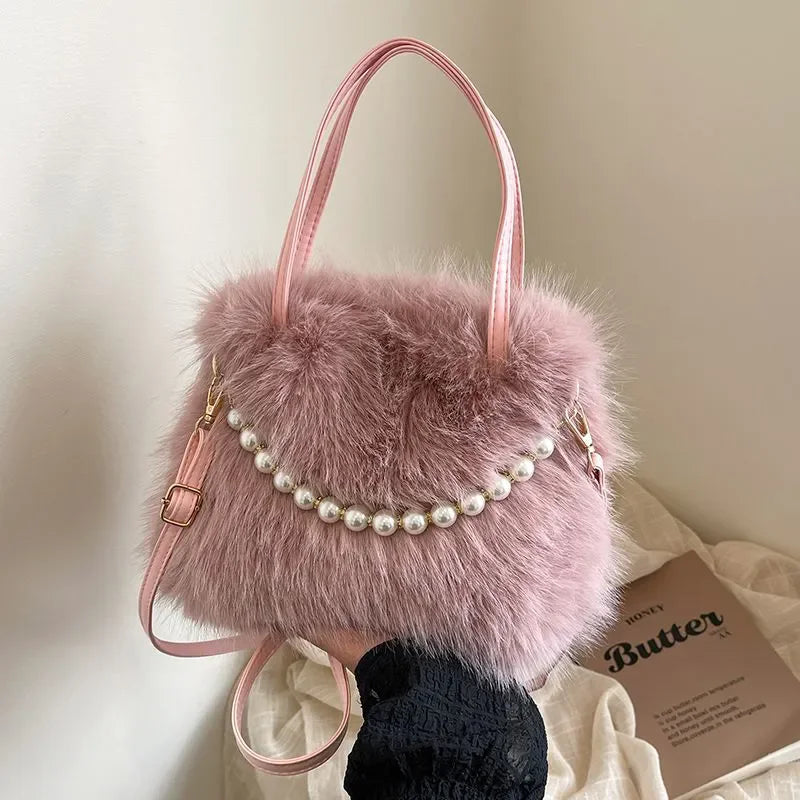Candy Color Pearl Handle Women's Plush Crossbody Bag Portable Female Furry Handbags Winter Fashion Casual Shoulder Bags