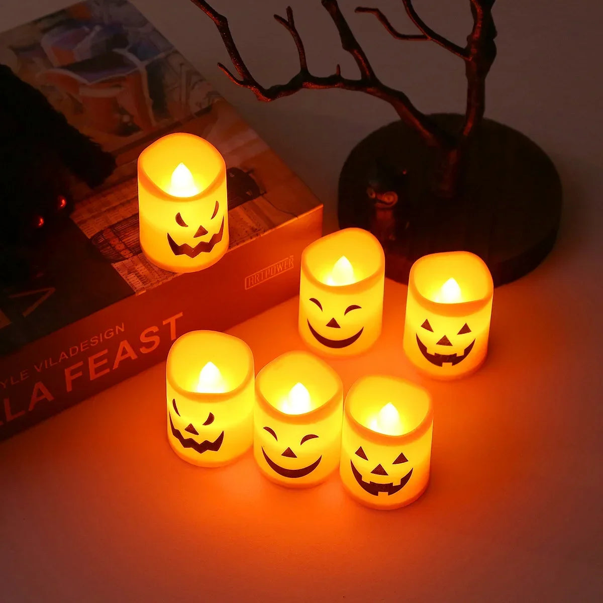6Pcs LED Candle Light Battery Powered Pumpkin Skull Ghost Spooky Light Halloween Party Decora Ambiance Electronic Candle Lights