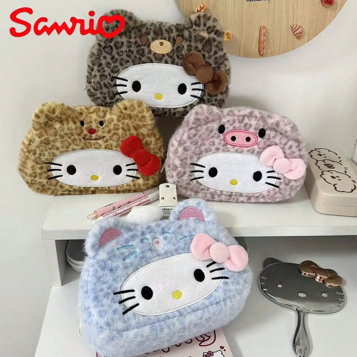 1pc Sanrio Ins Worthy Leopard Print Kitty Pencil Case, Stylish Makeup Bag, Student Pencil Case, Large Capacity Storage Bag
