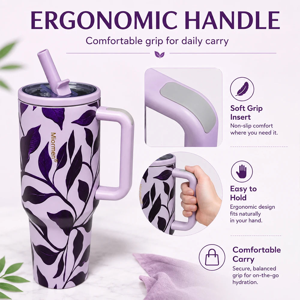 40OZ Floral Print Stainless Steel Tumbler with Handle Straw Lid Vacuum Insulated Travel Mug for Car Water Cup Keep Hot and Cold