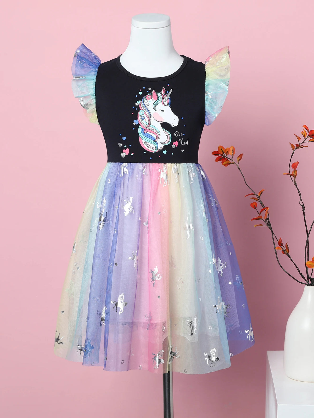 Girl's Summer Cartoon Unicorn Print Rainbow Mesh Splice Princess Birthday Party Sleeveless Dress SH1791