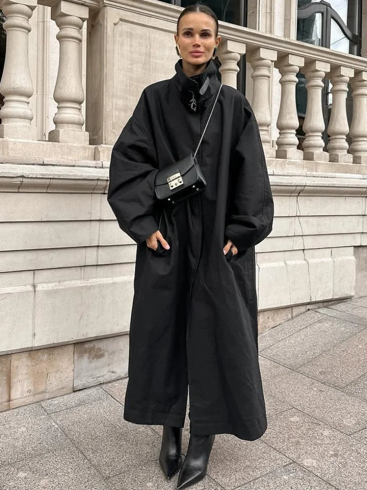 Black Stand Collar Trench Coat Women Casual Long Sleeve Single-breasted Loose Windbreaker Lady Autumn High Street Outwear 2026