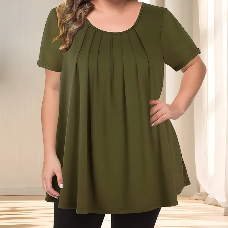 [Elegant Plus Size Blouse] Lightweight Polyester Women's Casual Crew Neck Short Sleeve Blouse, Plus Size | Solid Color, Subtle S