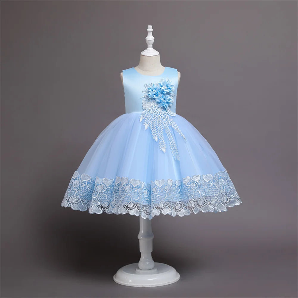 Yellow Lace Flower Girl Dress Bows Children's First Communion Dress Girls Sleeveless Princess Dresses
