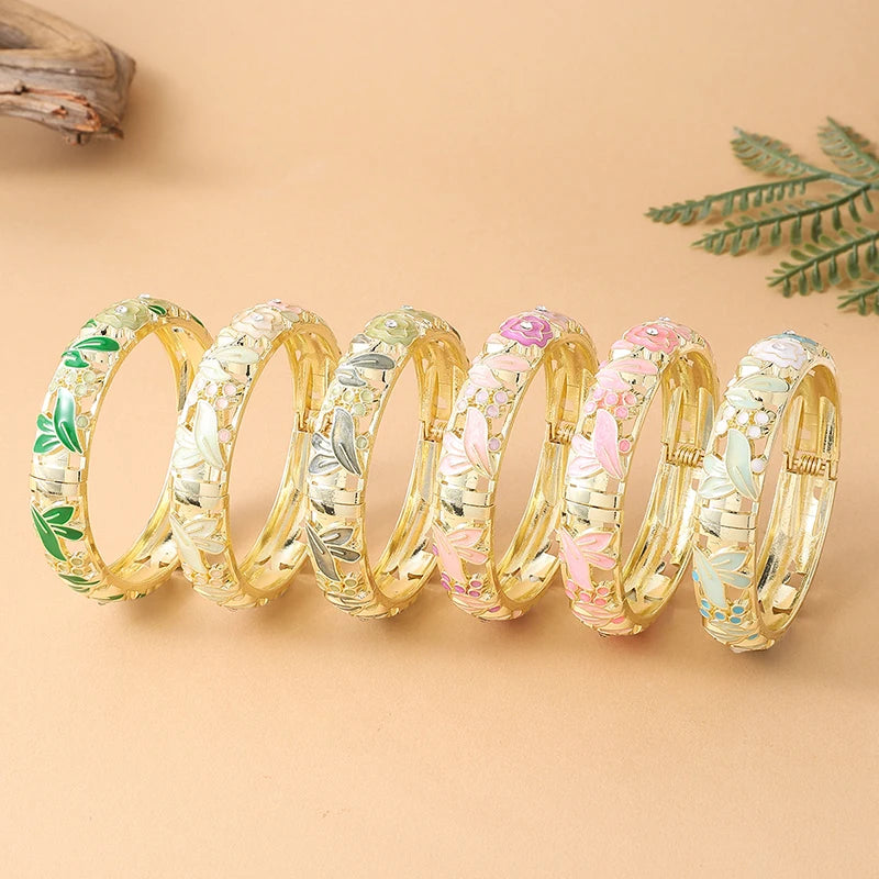 Jardme Rose Flower Enamel Bracelets For Women Ethnic Style Gold Plated Hollow Cloisonne Bangles Women's Jewelry Accessories